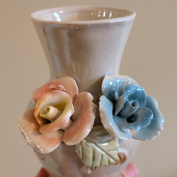 Vintage Capodimonte Style Vase: Iridescent Floral Porcelain  Vintage Capodimonte Porcelain Ceramic Vase Featuring 3D Pink & Blue Roses
